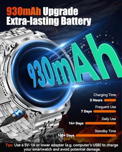 1.85" Big Screen Military Smart Watch for Men with Flashlight, 930mAh Large Battery, IP68 Waterproof, Bluetooth Calling, 114 Sports Modes, Heart Rate/Sleep Monitor for iPhone & Android - Image 4