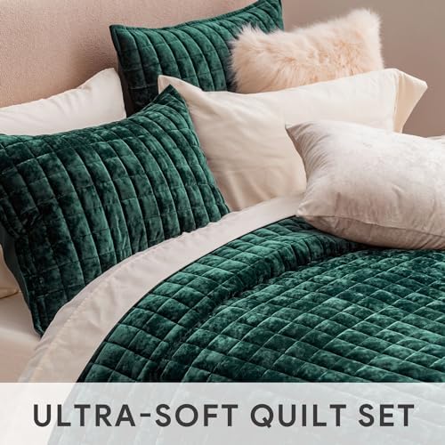 RECYCO Channel Box Stitch Velvet Quilt Set, Full Queen Size, Emerald Green - Image 4