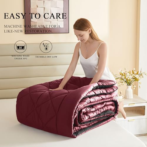 120x120 Oversized King Comforter,Super King Size Comforter Oversized, All Season Soft Lightweight Quilt Down Alternative Duvet Insert with 8 Corner Tabs, Burgundy/Black - Image 6