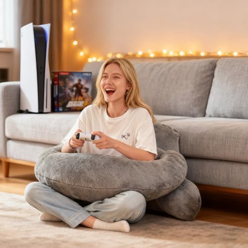 19" Reading Pillow for Bed,U Shaped Arm & Elbow Support,Gray Faux Fur - Image 2