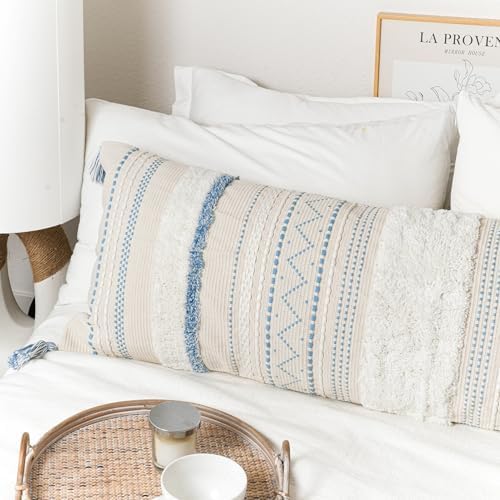 BlissBlush 20X54 Oversized Large Lumbar Pillow Cover for Bed, Rectangular Long Decorative Throw Pillowcase, Cotton Boho Accent Cushion with Blue Tufted Pattern and Tassels, Cream Neutral (Cover Only) - Image 5