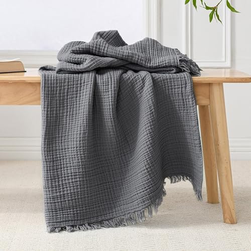 Esterra Muslin Throw Blanket 50x65 Inches Cozy Soft Lightweight Pre-Washed Cotton Blanket, All Season Breathable 4-Layer Gauze Blanket Throw for Sofa Couch Bed, Dark Gray by Esterra