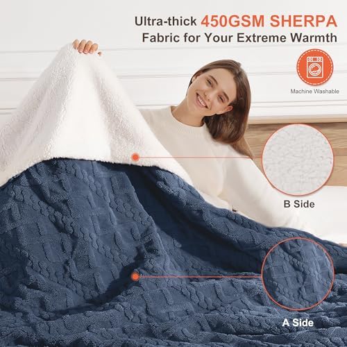 Heated Throw Blanket 50"x60"-Sherpa Small Electric Blanket Throw, Navy Blue - Image 6
