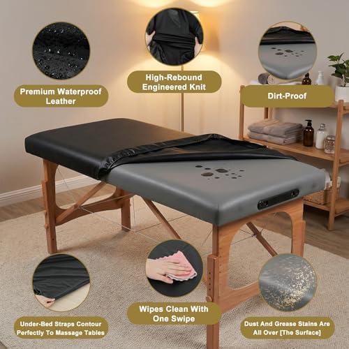 Leather Massage Table Cover, 76.7 x 35.4 x 7.1 Inch Wipeable Vinyl Spa Bed Protector Waterproof Oilproof Massage Table Cover for 33-35 Inch Wide (Black) - Image 3