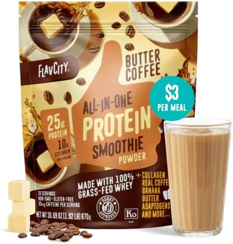 FlavCity All in One Protein Shake Powder, Butter Coffee - 55mg Caffeine + Collagen Peptides, Reishi & Cordyceps - Focus, Skin, Hair & Joint Support - 100% Grass Fed Whey, 20 Servings by FlavCity