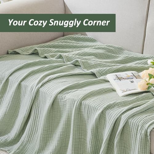 EMME Cotton Muslin King Blanket Bed Layering Bedspread Coverlet Breathable Gauze Soft Lightweight (Heather Sage Green, 108"x90") - Image 4