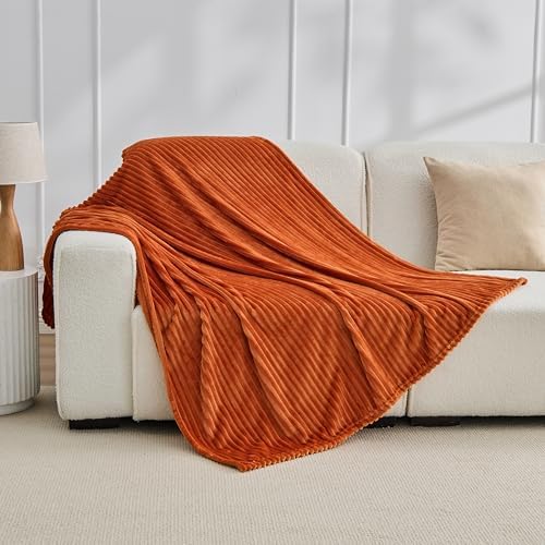 Bnuitland Burnt Orange Fleece Throw Blanket for Couch, 300GSM Soft Warm Cozy Fluffy Throw for Adults & Kids, Stripe Pattern 60"x80", All Season Sofa Bed Blanket for Home Decor - Image 5