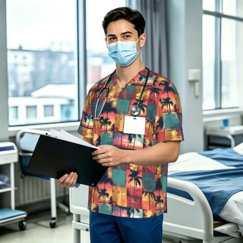Men's Scrub Top,V-Neck Spill Wrinkle Resistant,3 Pockets-Tropical Sunset Collage (2) - Image 3