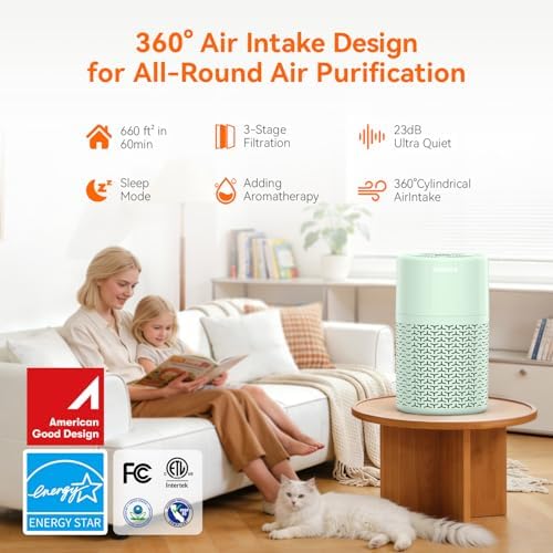 AIRROMI Pets Air Purifier for Home Allergies,Up to 660 ft². HEPA Deodorizing Activated Carbon Filter,With Fragrance Sponge for Better Sleep,Night Light,Pet Dander,Smoke,Odors,Air Cleaner A2002 Green - Image 2