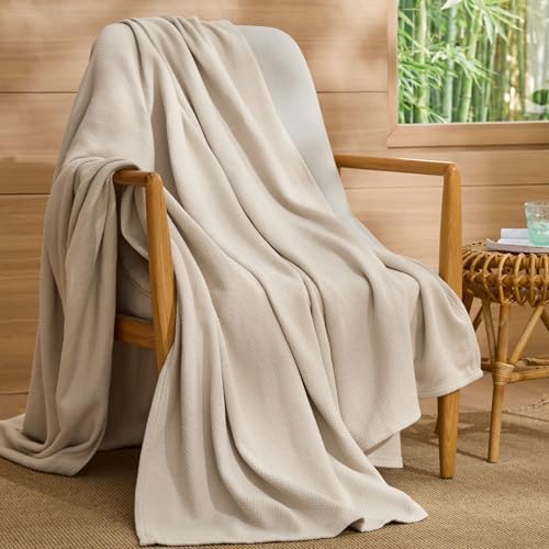 Bedsure 100% Cotton Blanket, Herringbone Weave, Throw XL, Linen Beige - Image 4