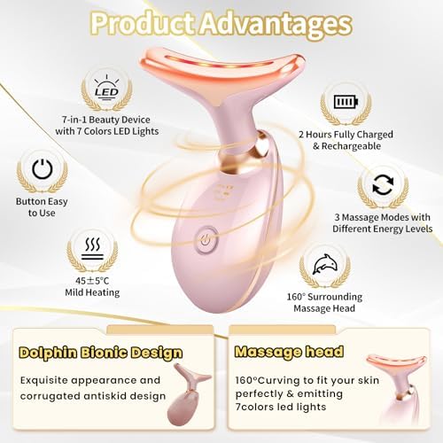 Face Light Therapy Device, Based on Triple Action LED, Thermal, and Vibration Technologies, Face and Neck Beauty Device with 7 Color LED for Home Use, Improve Skin(Glossy Pink) - Image 2