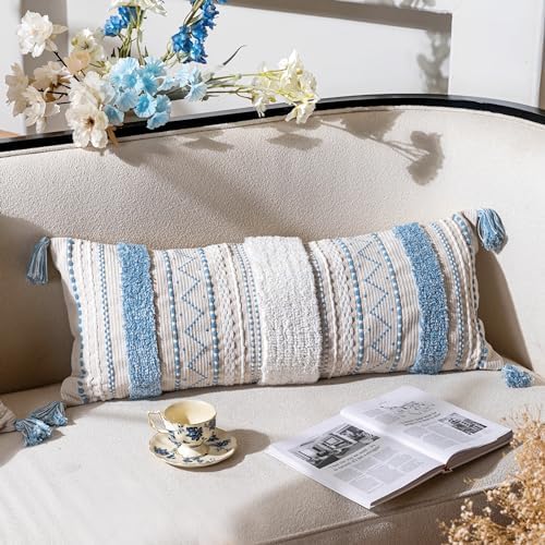 BlissBlush 14x36 Lumbar Pillow Cover for Bed, Rectangular Long Decorative Throw Pillowcase, Boho Accent Cushion with Blue Tufted Pattern and Tassels, Cream Neutral (Cover Only) by BlissBlush