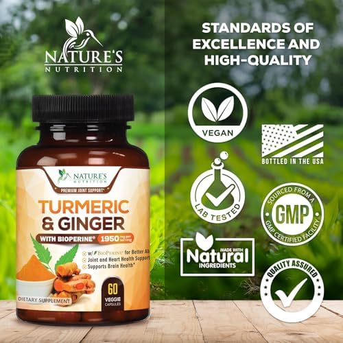 Turmeric Curcumin Supplement - 95% Curcuminoids with Organic Turmeric & Ginger, BioPerine Black Pepper Extract for Best Absorption, Natural Vegan Joint Support, Non-GMO, Bottled in USA - 60 Capsules - Image 4