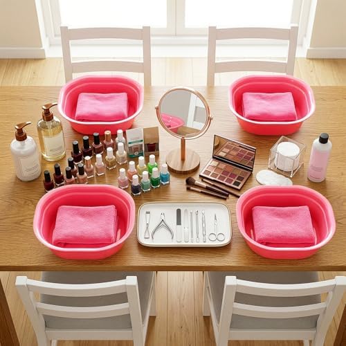 DEAYOU Set of 6 Small Foot Spa Kit for Spa Party, 12" x 12" x 4.3" Foot Tub and 14" x 29.5" Bath Towels, Washbasin Hand Towels for Sleepover Party, Girls Night, Home Facial and Foot Soak Kit, Pink - Image 7