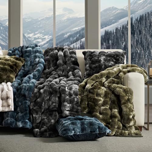 EverGrace Faux Rabbit Fur Bubble Throw Blanket, 60"x80", Marble Olive - Image 7