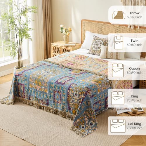 VANJOROY King Boho Throw Blanket, 100% Organic Cotton Breathable Skin-Friendly Ultra Soft 91" x 98" Bed Quilt Throw - Floral Rustic Luxury Reversible Blanket for Sofa Couch Chair and Gift - Image 5
