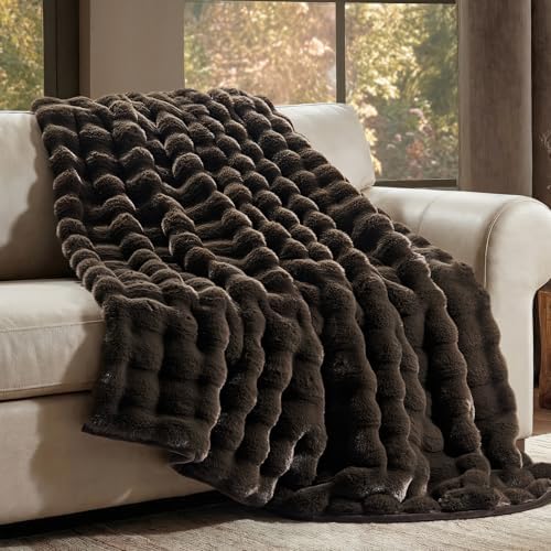 EverGrace Faux Rabbit Fur Bubble Throw Blanket, 50"x60", Dark Brown by EVERGRACE