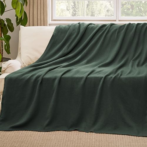 Bedsure 100% Cotton Blanket, Herringbone Weave, Throw XL, Dark Green - Image 5