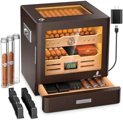 XIFEI Cigar Humidor Cabinet, Glass Top & Adjustable LED Lighting, Digital Hygrometer, 2 Humidifiers, Cigar Tube, Desktop Cedar Wood Humidor with Accessory Drawer for 80-100 Cigars, Ideal Men's Gift by XIFEI