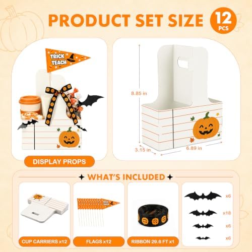 12 Set Halloween Teacher Gifts Drink Carrier Kit, Pumpkin Teacher Boo Basket Gifts, Disposable Cardboard Cup Holders with Handle, Ribbon and Gift Flags, Halloween Appreciation Gifts for Teachers - Image 3