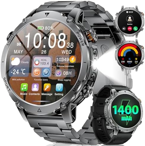 LIGE Military Smart Watch for Men, 1400mAh 60-Days Battery, 1.85" HD Smartwatch with LED Flashlight, 100+ Sports Mode, IP68 Waterproof, Pedometer, Fitness Watch for Android iOS by LIGE