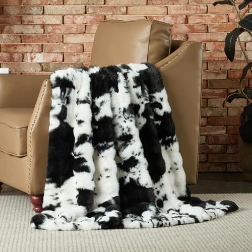 Lotus Karen Faux Fur Throw Blanket Cow Print-Black, Fluffy Fuzzy Plush Bubble Blanket for Couch, 60x50 Inches Cozy Shaggy Rabbit Blanket, Luxury Decorative Gifts for Sofa Bedroom Living Room. - Image 3