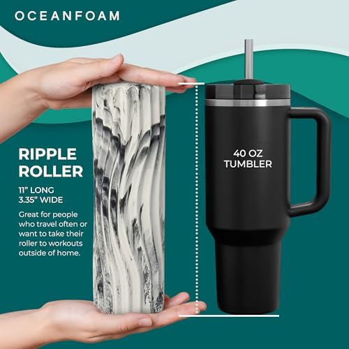 Oceanfoam Ripple Travel Foam Roller (11" x 3.35") Firm Mini Foam Roller for Physical Therapy, Deep Tissue Massage, Back Pain - High Density, Ergonomic Wave Textured - Yoga, Exercise (Black Marbled) - Image 2