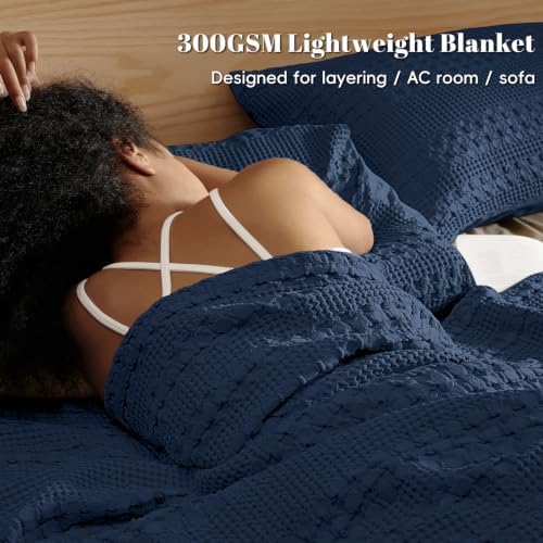 PHF Lightweight 100% Cotton Waffle Blanket for Bed, Queen, Blue Sapphire - Image 3
