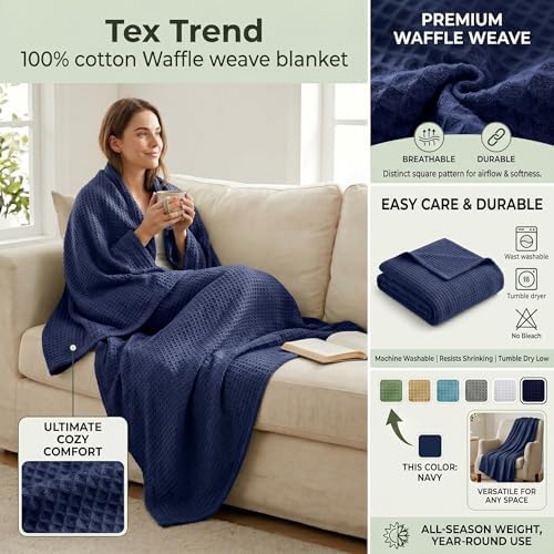 Tex Trend 100% Cotton Waffle Weave Blanket King Size - Soft, Breathable Cooling Blanket for Bed, Lightweight Cozy Summer & Spring Bedding, Navy Blue, 90x108 - Image 2