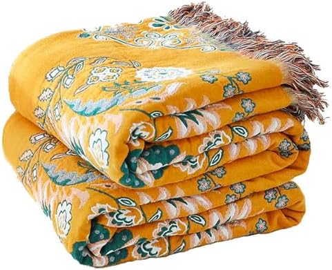 VANJOROY Boho Throw Blanket, 100% Cotton Soft Sofa Bed Queen Throw-Floral Farmhouse Decor Blanket, Reversible Bohemian Yellow Throw for Chair Couch Quilt and Gift, 80" x 90" by CHOOSEVANJOROYENJOYAMORECOMFORTABLEFEELING