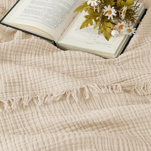 Esterra Muslin Throw Blanket 50x65 Inches Cozy Soft Lightweight Pre-Washed Cotton Blanket, All Season Breathable 4-Layer Gauze Blanket Throw for Sofa Couch Bed, Neutral - Image 2