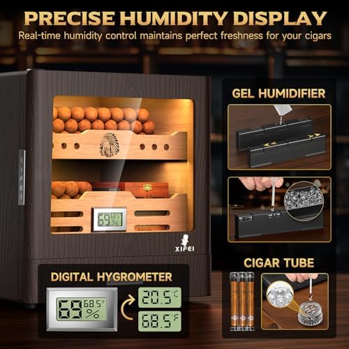 XIFEI Cigar Humidor Cabinet, Glass Top & Adjustable LED Lighting, Digital Hygrometer, 2 Humidifiers, Cigar Tube, Desktop Cedar Wood Humidor with Accessory Drawer for 80-100 Cigars, Ideal Men's Gift - Image 6