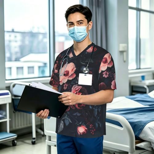 Men's Scrub Top,V-Neck Spill Wrinkle Resistant,3 Pockets-Dark Floral (1) - Image 3