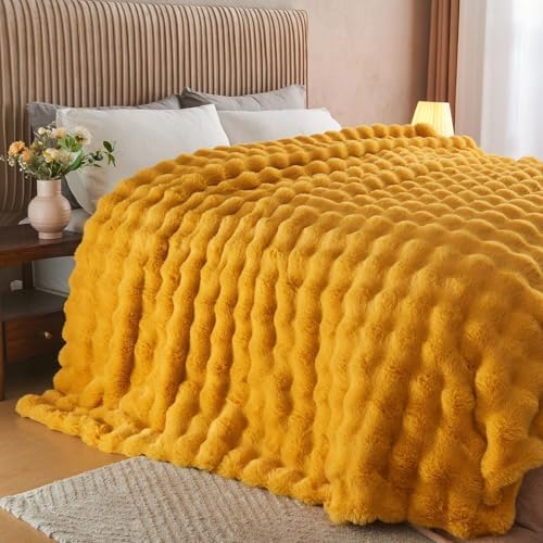 Lotus Karen Faux Fur Throw Blanket Ginger Yellow - Big Bubble Rabbit Fluff Blanket for Couch Bed Sofa,Softest Fluffy Fuzzy Cozy Blanket,Thick Furry Plush Shaggy Warm Blankets for Women,50x60 Inches - Image 5