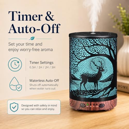 Essential Oil Diffuser, 120 ml Aromatherapy Diffuser with 7 Color Lights, Auto Shut-Off and 4 Timer Settings, Ultrasonic Cool Mist Diffuser for Home Room Office (Twilight Deer) - Image 4