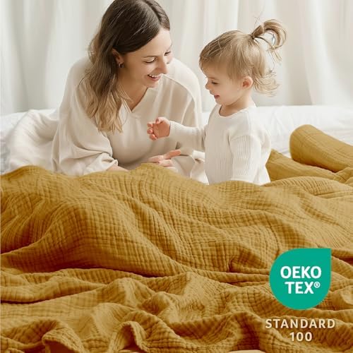 100% Cotton Muslin Blanket Queen 90" x 90", 6 Layers Breathable and Lightweight Cotton Throw Blankets for Bed, Soft Cooling Summer Gauze Blanket for Adults All Season, Mustard - Image 4