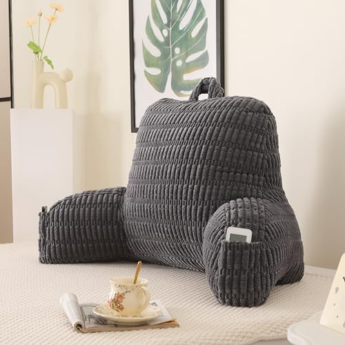 Large Reading Pillow for Sitting Up with Arms,Gray Corduroy by PAJEO