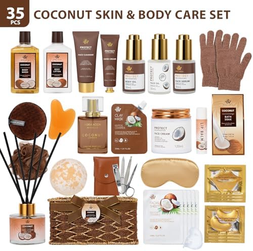 35 Pcs Coconut Vanilla Spa Gift Basket for Women & Men, Face Skin Care Set - Image 2