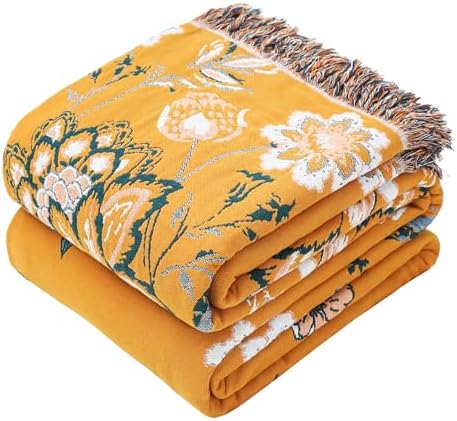 VANJOROY Boho Throw Blanket, 100% Organic Cotton Breathable Skin-Friendly Ultra Soft 50" x 60" Bed Yellow Throw - Floral Rustic Decor Luxury Reversible Blanket for Sofa Couch Chair and Gift, by CHOOSEVANJOROYENJOYAMORECOMFORTABLEFEELING