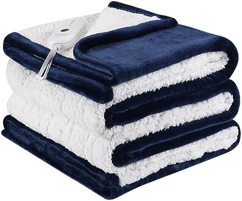 ESTINGO Heated Blanket Twin Size, Fast Heating Blanket with 5 Heating Levels & 10 Hours Auto Off, Soft Cozy Sherpa Electric Throw Blanket for Home Bedding, Machine Washable, 62"x84", Navy Blue by ESTINGO-EnjoyToastyWarm