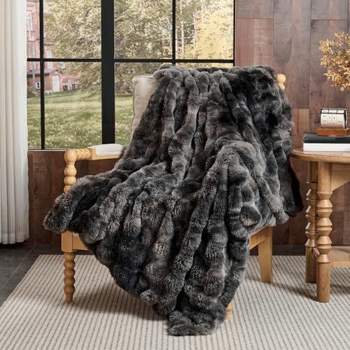 Lotus Karen Faux Fur Blanket Tie-Dye Dark Gray Twin Size - Big Bubble Rabbit Fluff Throw for Couch Small Fluffy Fuzzy Cozy Thick Furry Plush Shaggy Blankets 60x80 Inches by LotusKaren