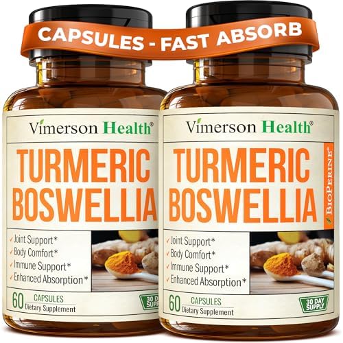 Boswellia Serrata Turmeric Curcumin Supplement: Organic Tumeric, Boswellia Extract, Ginger & BioPerine for Max Absorption – Inflammation & Joint Supplements for Men & Women – Non-GMO – 60 Caps, 2 Pack by VimersonHealth
