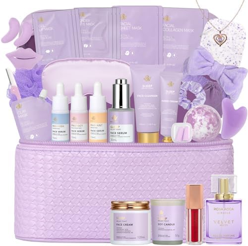 33 pcs Mother's Day Gift for Mom, Lavender Bath & Body Basket Gift Set for Women, Home Spa Kit, Face Sheet Mask Skin Care Gift Set, Cosmetic Bag, Necklace, Birthday, Christmas, Anniversary, Wife by RAROSAACCA