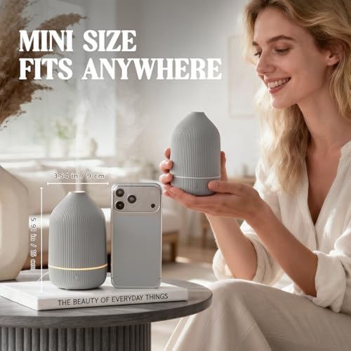 Essential Oil Diffuser, 100ml Aromatherapy Diffuser, Mini Ultrasonic Diffuser for Essential Oil, Home, Office, Cool Mist Humidifier with 7 Led Light, Auto Shut-Off, Grey - Image 2