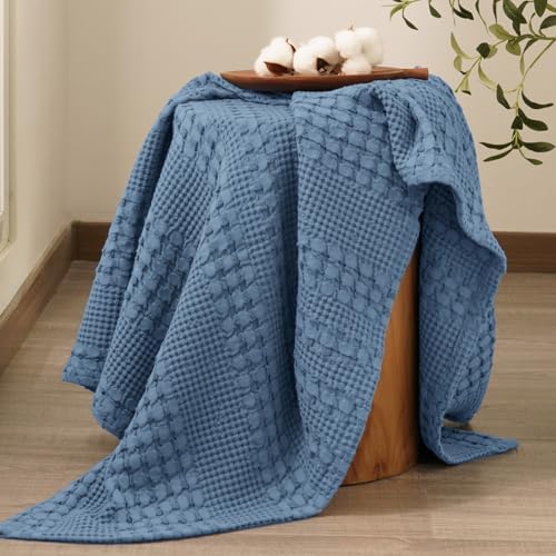 PHF Lightweight 100% Cotton Waffle Throw Blanket for Couch, Denim Blue - Image 6