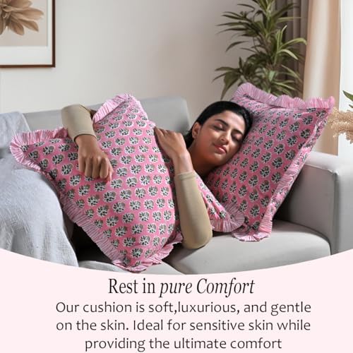 CPC Poppy Pink Ruffle Throw Pillow Covers for Couch, 18x18 Inch Cotton Stripe Ruffle Couch Pillows for Living Room, Hidden 14 Inch Zipper Boho Pillow Case or Cute Outdoor Pillows - Image 5