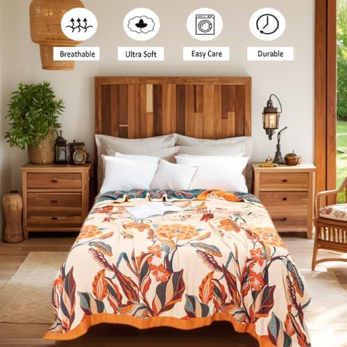 VANJOROY Boho Throw Blanket, 100% Cotton Breathable Soft Bed Throw - Floral Bird Farmhouse Decor Blanket for Sofa Couch Chair Quilt and Gift. 80" x 90"- Beige - Image 6