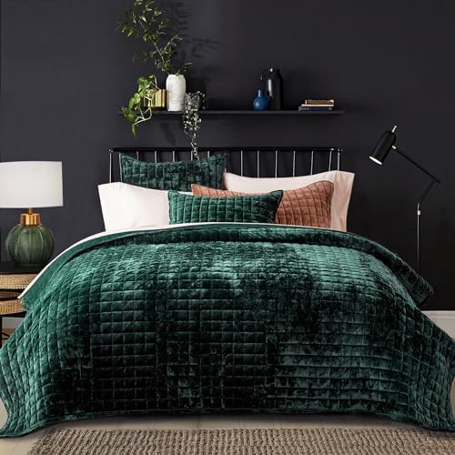RECYCO Channel Box Stitch Velvet Quilt Set, Full Queen Size, Emerald Green - Image 2