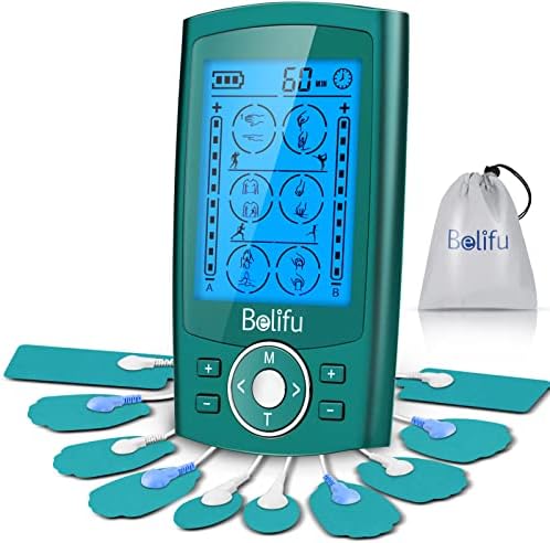 Belifu Dual Channel TENS EMS Unit 24 Modes Muscle Stimulator for Pain Relief Therapy, Electronic Pulse Massager Muscle Massager with 10 Pads, Dust-Proof Drawstring Storage Bag, Fastening Cable Ties by Belifu