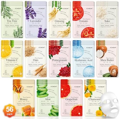KONEUK 56 Pack Sheet Face Masks Skincare for Women, Hydrating Face Masks by KONEUK